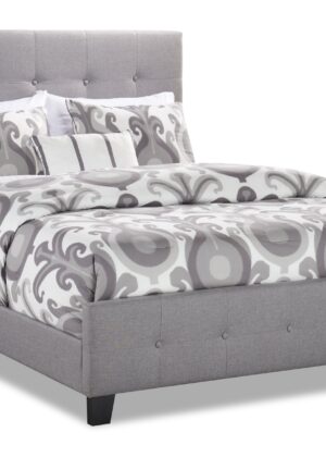 Page Upholstered Bed in Grey Linen-Look Fabric, Button Tufted - Full Size | Lit rembourré Page en tissu d’apparence lin gris avec capitonnage à boutons - format lit double
