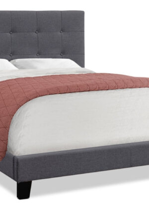Tara Upholstered Bed in Grey Linen-Look Fabric, Button Tufted - Full Size | Lit rembourré Tara en tissu d’apparence lin gris avec capitonnage à boutons - format lit double